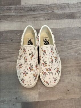 Vans Cream Floral Slip-On Sneakers with Pink and Green Accents